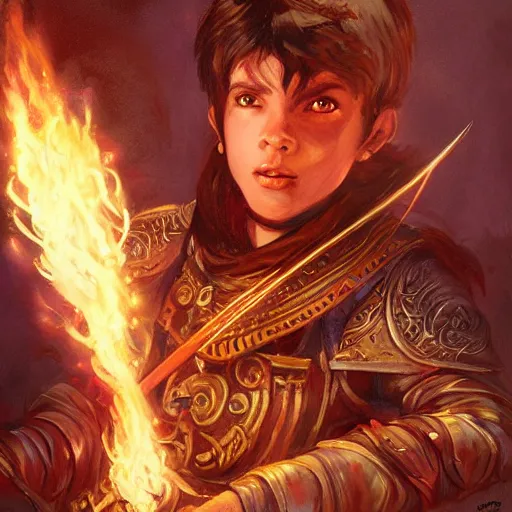 Image similar to beautiful portrait painting of a very short and small male halfing bard from pathfinder, casting fireball, painted by larry elmore, wayne reynolds, greg rutkowski, magic the gathering, dungeons and dragons, dishonored 2