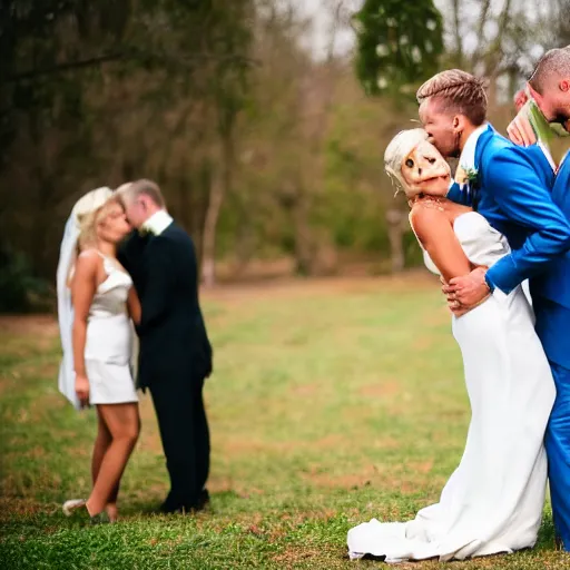Image similar to two horribly deformed men in suits making out with two attractive blonde women dressed for a wedding party.