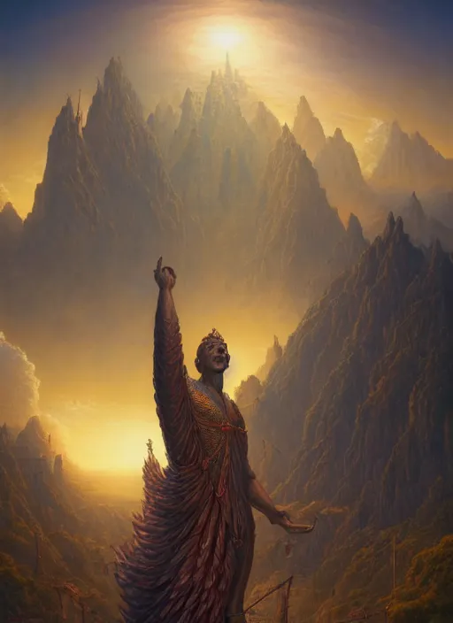 Prompt: a gigantic statue holding a city in his hands, in the style of tomasz alen kopera and fenghua zhong and peter mohrbacher, mystical colors, rim light, beautiful lighting, 8 k, stunning scene, raytracing, octane, trending on artstation