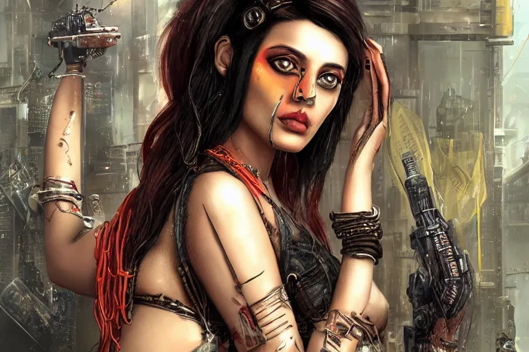 Prompt: a high detailed portrait of a sexy female model with hindu feautures cyberpunk in a dystopian world