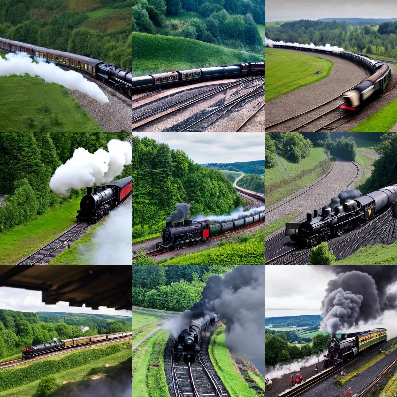 Prompt: A steam train racing on the Nürburgring, award winning cinematography from the TV show 'Top Gear'