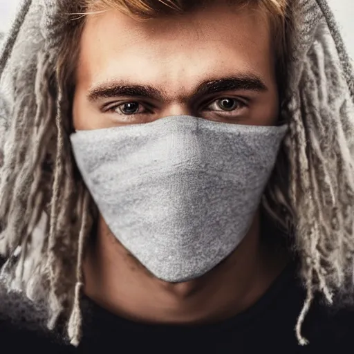 Prompt: professional digital art of a cute young adult man with blonde fluffy messy hair and wide eyes wearing a black face mask and a gray hoodie, high quality, HD, 8K, highly detailed, award-winning