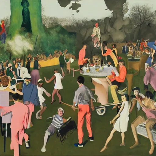 Image similar to having a cool party, painting by neo rauch, highly detailed