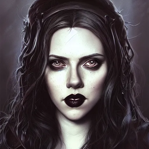 Prompt: detailed portrait of scarlett johansson as a cute undead goth girl, beautiful, fantasy, intricate, elegant, highly detailed, digital painting, artstation, concept art, matte, sharp focus, illustration, art by aenaluck, artgerm and roberto ferri and greg rutkowski, epic fantasy, digital painting