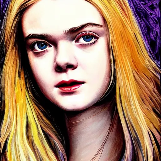 Image similar to professional painting of Elle Fanning in the style of Mike Deodato, head and shoulders portrait, symmetrical facial features, smooth, sharp focus, illustration, intricate, stormy weather, extremely detailed masterpiece,