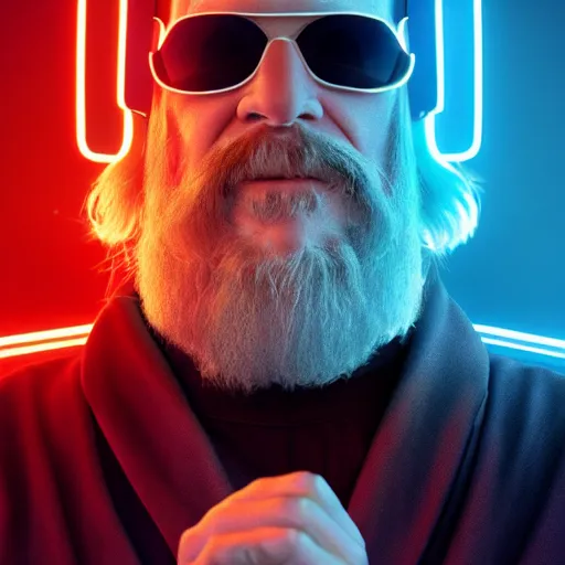 Image similar to dude lebowski dressed in bathrobe played by jeff bridges, stuck in tron realm, photorealistic movie still, detailed 8 k, poster style, high resolution