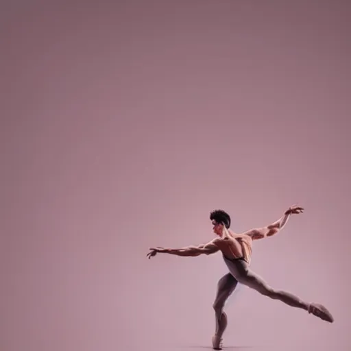 Prompt: zoom of a male ballet dancer doing an extreme stretch, choreographic move, dance photography, pastel colors palette, 3 d scan, high detail, zoom in, foreshortening, natural light