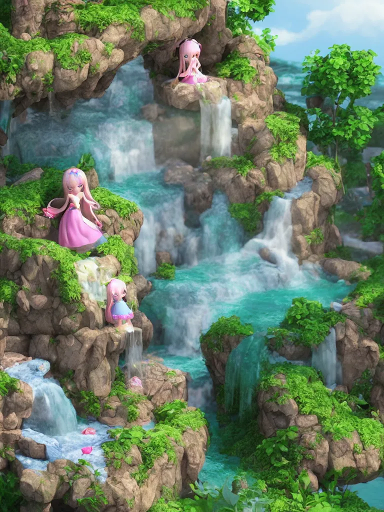 Prompt: cute fumo plush of a princess girl in a tower on a tiny island with a long flowing waterfall, floating island, vignette, vray