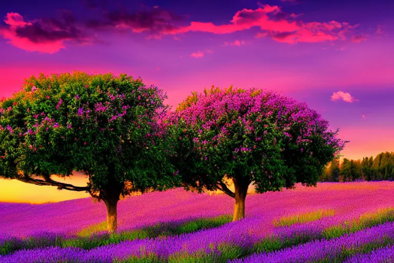 Image similar to beautiful scenery of a field of lavenders, one large tree, sunset, dramatic lighting