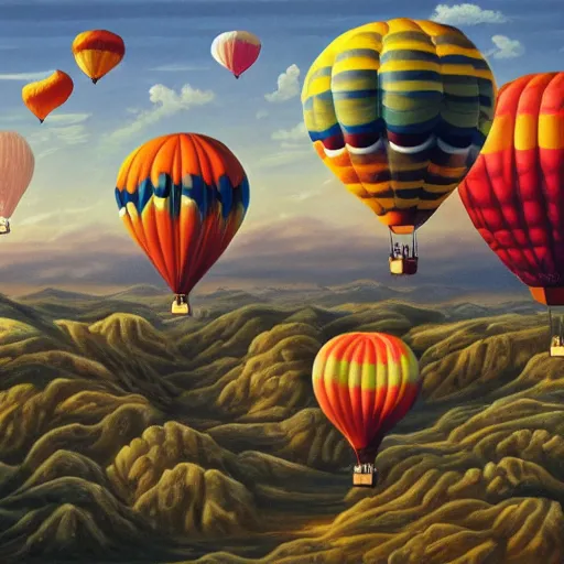 Prompt: hot air balloons made of giant eyeballs, surrealist scene with brain shaped clouds and valleys made of human lips, highly detailed