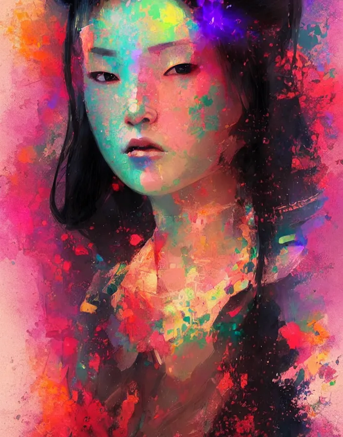 Prompt: portrait of a beautiful geisha, volume lighting, concept art, by greg rutkowski!!, colorful, xray melting colors!!