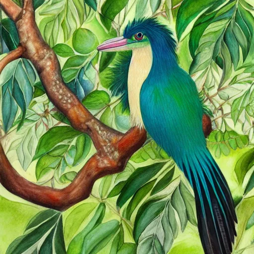 Prompt: A realistic painting of a Resplendent Quetzal in a wild avocado tree, watercolour, pastel colours