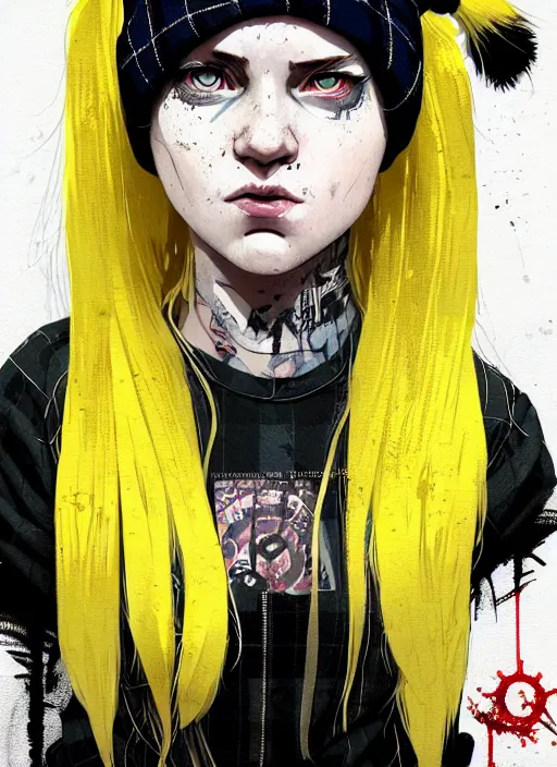 Image similar to highly detailed closeup portrait of a sewer punk pretty swedish female road warrior student, tartan garment, blonde hair pigtails with headband by atey ghailan, by greg rutkowski, by greg tocchini, by james gilleard, by joe fenton, by kaethe butcher, gradient yellow, black, brown and white color scheme, grunge aesthetic!!! white graffiti tag wall background