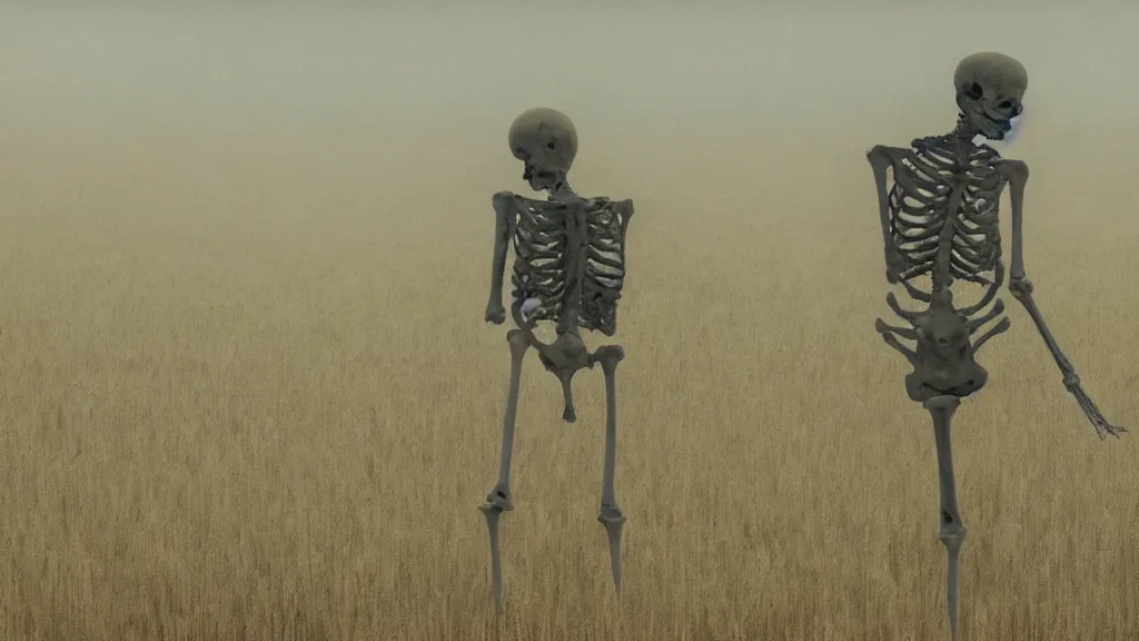 Image similar to a skeleton standing in a stomry, foggy wheat field, in the style of andrew wyeth, fine details