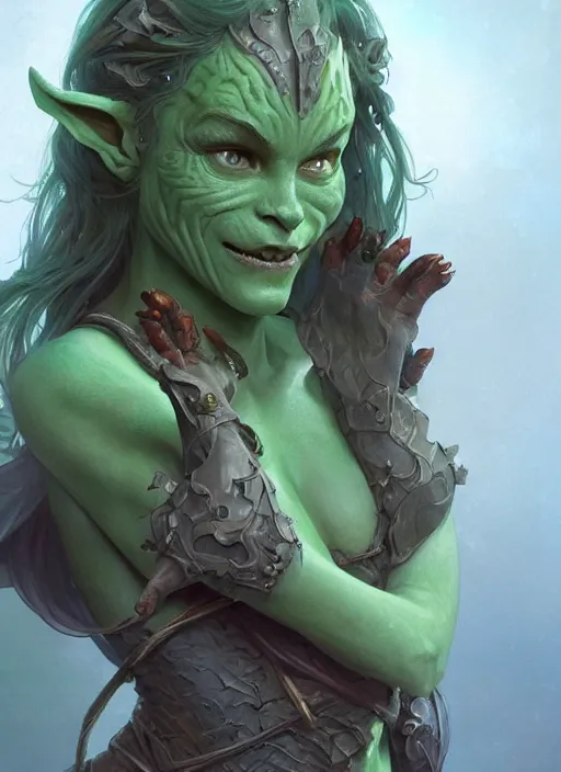 Image similar to a beautiful cute green skin goblin girl, D&D, fantasy, intricate, cinematic lighting, highly detailed, digital painting, artstation, concept art, smooth, sharp focus, illustration, art by Terry Moore and Greg Rutkowski and Alphonse Mucha