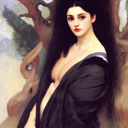 Prompt: oil painting of princess Vulvine, Hungarian, curly dark hair, fair skin, dark ominous, blurred background by Georgia o Keeffe, by Marcel Jankowicz, by Bouguereau, by Gustave Moreau, concept art, master, realism, romantism
