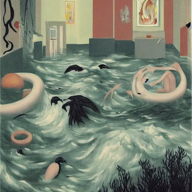 Image similar to tall female emo artist in her flooded apartment, water gushing from ceiling, painting of flood waters inside an artist's home, a river flooding indoors, pomegranates, pigs, ikebana, zen, water, octopus, river, rapids, waterfall, black swans, canoe, berries, acrylic on canvas, surrealist, by magritte and monet