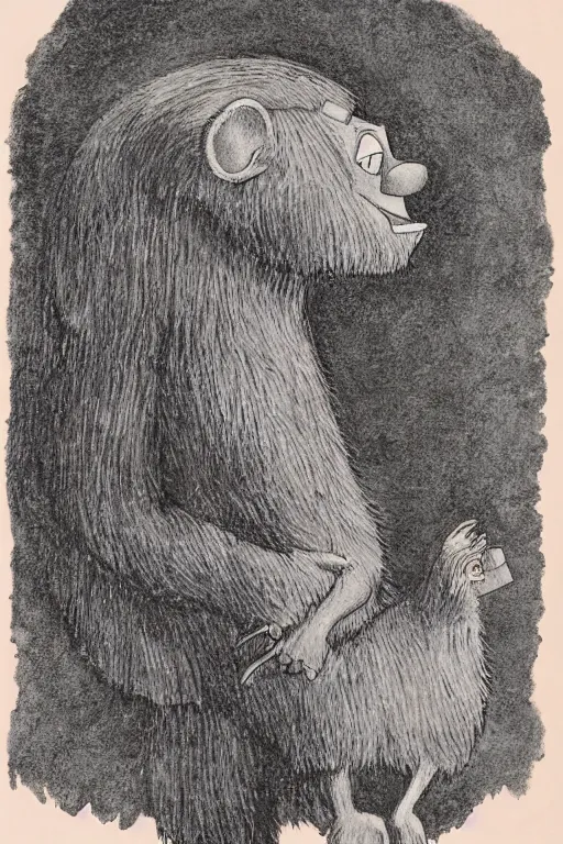 Image similar to Artwork by Maurice Sendak of Abe the Forgotten Beast, A towering humanoid composed of rose gold, with a gaunt appearance and a matted grey fur