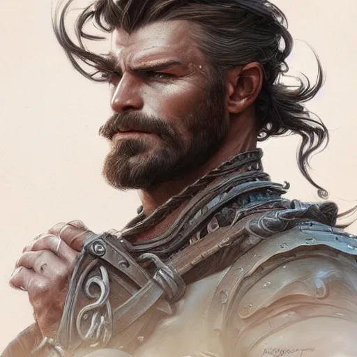 Image similar to portrait of a young, ruggedly handsome ranger, muscular, half body, leather, hairy, d & d, fantasy, intricate, elegant, highly detailed, digital painting, artstation, concept art, smooth, sharp focus, illustration, art by artgerm and greg rutkowski and alphonse mucha