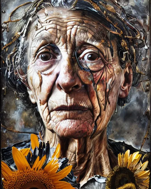 Image similar to a full length portrait of a very ordinary old woman with a blank expression, Anselm Kiefer and Lucian Freud and Jenny Saville, oil painting, rust, Scaffolding, rusted metal and sunflowers, iron cladding, decay, mixed media, textured, anatomically correct, beautiful perfect face, visible brushstrokes, sharp focus, Highly Detailed, Cinematic Lighting, 8k, HD