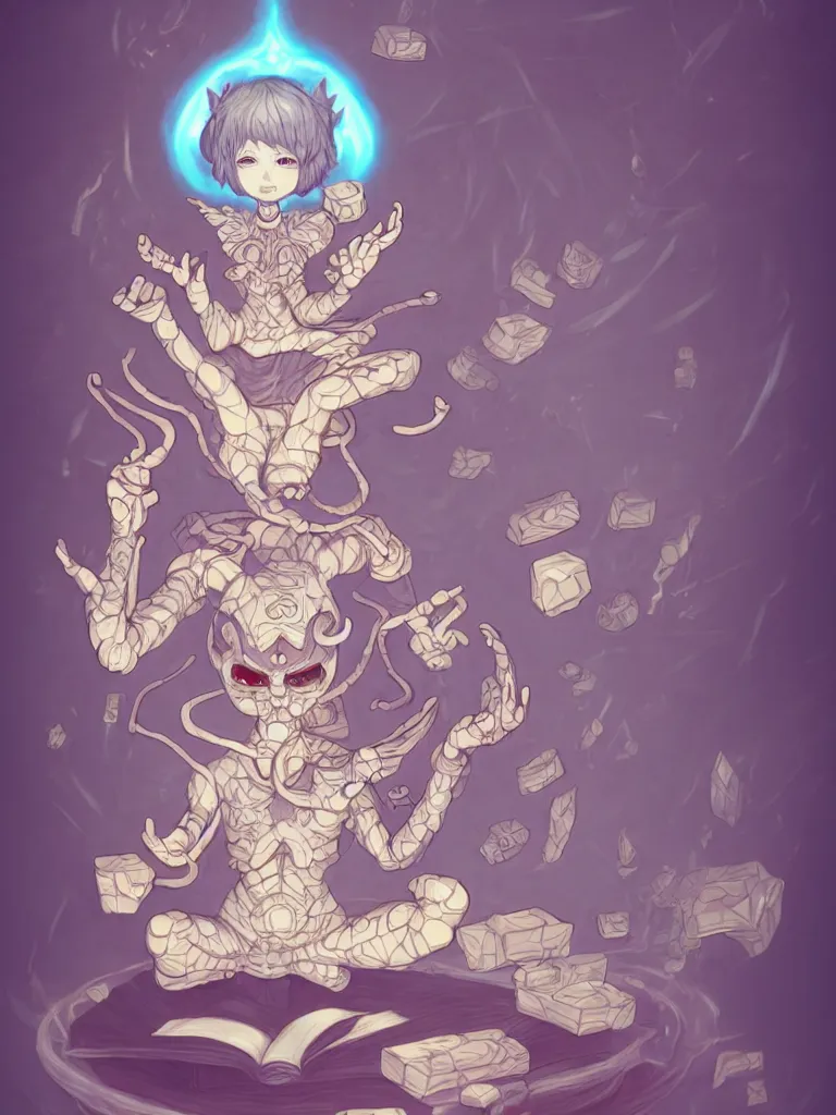 Image similar to a tiny cute demon floating while meditating and wrapped in sacred scrolls, smooth, intricate, elegant, digital painting, artstation, power runes, pulsing energy, concept art, sharp focus, octane render, illustration, art by shintaro kago and josan gonzalez, overwatch character,