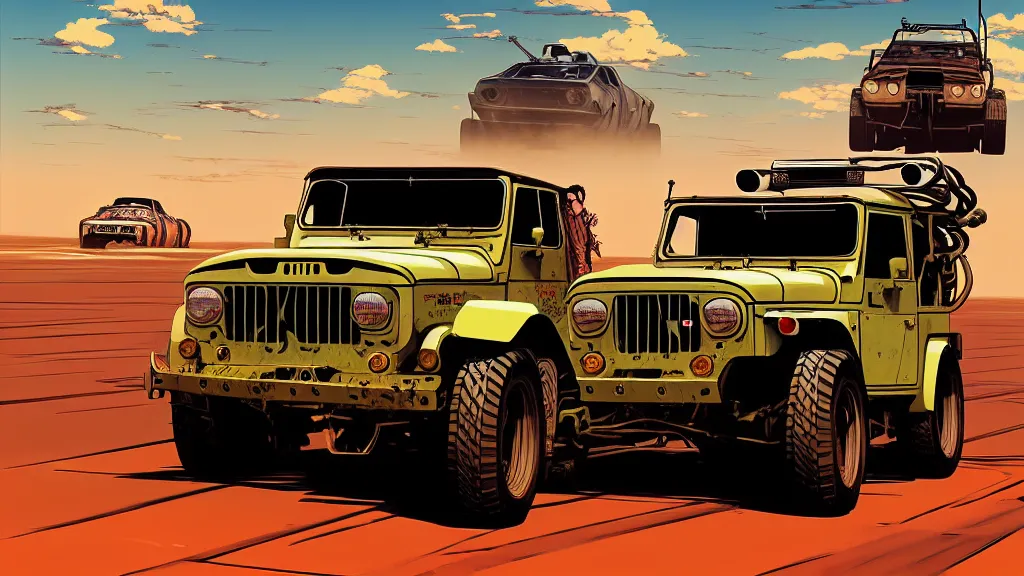 Image similar to digital illustration of mad max's fj 4 0 pursuit special, the last v 8 interceptor driving down a deserted cyberpunk highway in the middle of the day by studio ghibli, anime style year 2 0 9 3, by makoto shinkai, ilya kuvshinov, lois van baarle, rossdraws, basquiat