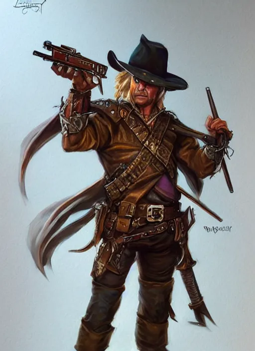 Image similar to gun slinger, dndbeyond, bright, colourful, realistic, dnd character portrait, full body, pathfinder, pinterest, art by ralph horsley, dnd, rpg, lotr game design fanart by concept art, behance hd, artstation, deviantart, hdr render in unreal engine 5