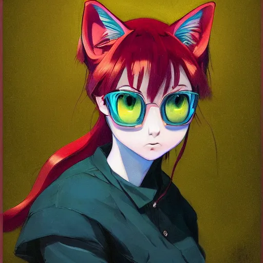 Image similar to A potrait of a green cat with big red eyes, fine-face, realistic shaded perfect face, fine details. Night setting. Very anime style. Realistic shaded lighting poster by Ilya Kuvshinov katsuhiro, magali villeneuve, artgerm, Jeremy Lipkin and Michael Garmash, Rob Rey and Kentarõ Miura style, trending on art station