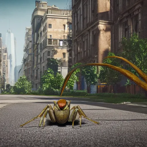 Image similar to a beautiful high - quality photo of a large spider walking through a solarpunk city, roads, pavements, trees, volumetric lighting, hyperrealistic, 8 k