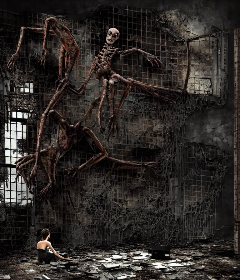 Prompt: Creepy huge suffering humanoid with long limbs sits on the floor and looks at the old TV. An underground very dark gloomy multi-layered structure of rusty thick iron grates, dense chain-link fencing and peeling walls. Inside view, collapsed floors, bent rusted iron, masterpiece, black background, corners, cinematic, hyperdetailed, photorealistic, hyperrealism, octane render, 8k, depth of field, bokeh, architecture, shadows, art by Zdzisław Beksiński, Dariusz Zawadzki