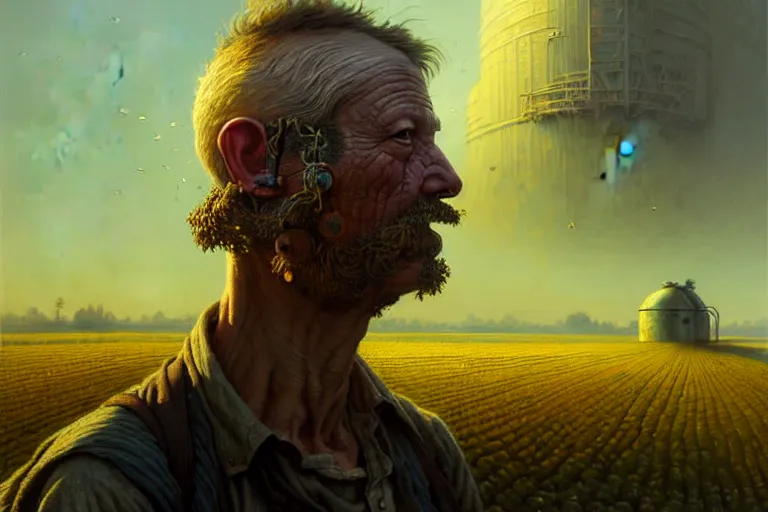 Image similar to A solarpunk very highly detailed farmer with very highly detailed face on the street of a very highly detailed smooth solarpunk city digital rational painting art by Greg Rutkowski, sci-fi highly detailed, digital concept art, Dimensional cyan gold natural light, sharp focus, Golden Ratio illustration, realistic concept art by Stephen Hickman and James Gurney and Hiromasa Ogura Ghost in the Shell rendered in Octane Render, From the distance