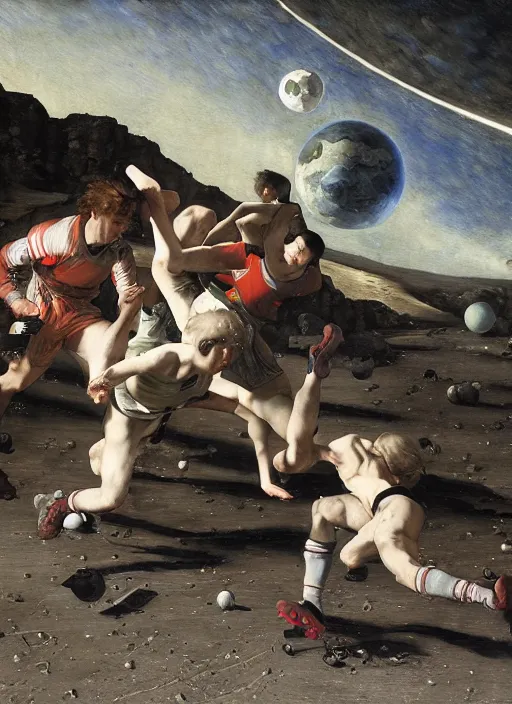 Image similar to a soccer match on the moon by edgar maxence and caravaggio and michael whelan and delacroix style, artistic, intricate painting, cinematic lighting, hyper realistic, extremely detailed, establishing shot, 8 k resolution, dramatic lighting