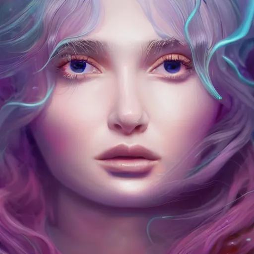 Image similar to A mesmerizing ethereal oceanic portrait of Kim Petras, splash art, dispersion art, natural light, sunlit, hyperdetailed, artstation, cgsociety, 8k