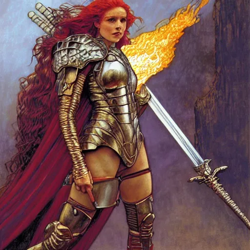 Image similar to quarter length portrait of a armored female valkyrie with a flaming sword, d & d, fantasy, luis royo, magali villeneuve, donato giancola, wlop, krenz cushart, hans zatka, klimt, alphonse mucha