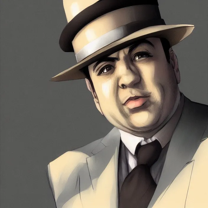 Image similar to portrait of al capone, anime fantasy illustration by tomoyuki yamasaki, kyoto studio, madhouse, ufotable, trending on artstation