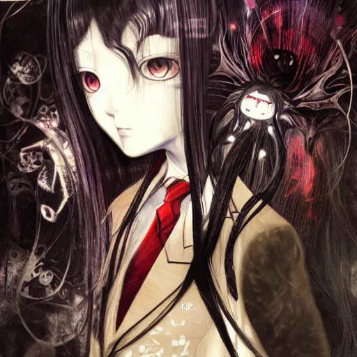 Prompt: yoshitaka amano realistic illustration of a sinister anime girl with big eyes and long wavy white hair wearing dress suit with tie and surrounded by abstract junji ito style patterns in the background, blurred and dreamy illustration, noisy film grain effect, highly detailed, oil painting with expressive brush strokes, weird portrait angle