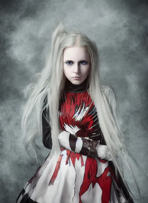 Image similar to An epic fantasy comic book style full body painting of a pale young girl with long straight white hair, she is wearing a chess pattern princess dress, Unreal 5, DAZ, hyperrealistic, octane render, cosplay, RPG portrait, dynamic lighting