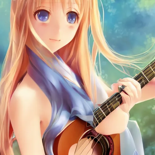 Prompt: a very beautiful young yuuki asuna playing guitar, full body, long wavy blond hair, sky blue eyes, full round face,, bikini, miniskirt, front view, mid - shot, highly detailed, cinematic wallpaper by stanley artgerm lau