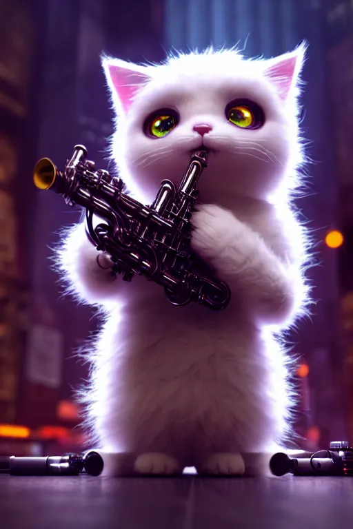 Image similar to high quality 3 d render very cute fluffy cyborg!! cat plays trumpet, cyberpunk highly detailed, unreal engine cinematic smooth, in the style of blade runner & detective pikachu, hannah yata charlie immer, moody light, low angle, uhd 8 k, sharp focus