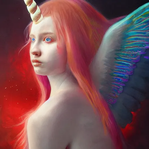 Prompt: unicorn girl with red wings, photorealism, high detail, digital oil painting, glitch creatures, dmt entity ; lsd art, trending on artstation, style greg rutkowski