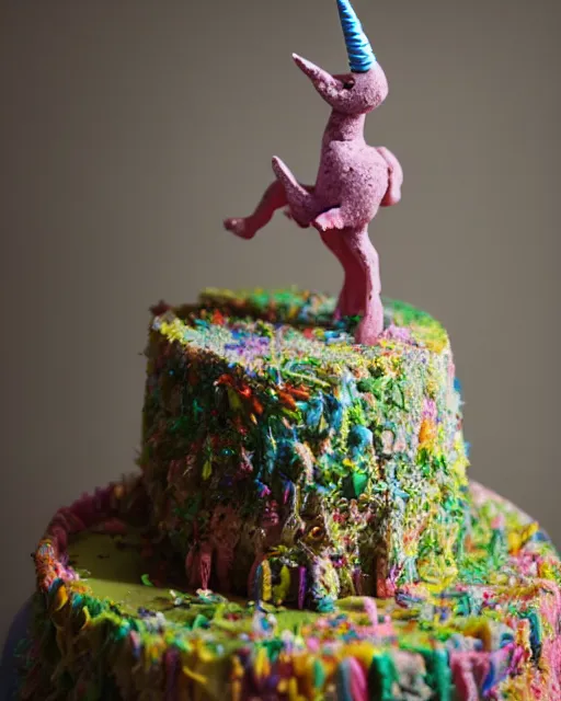 Image similar to photo of a childrens birthday cake unicorn designed by beksinski, bokeh