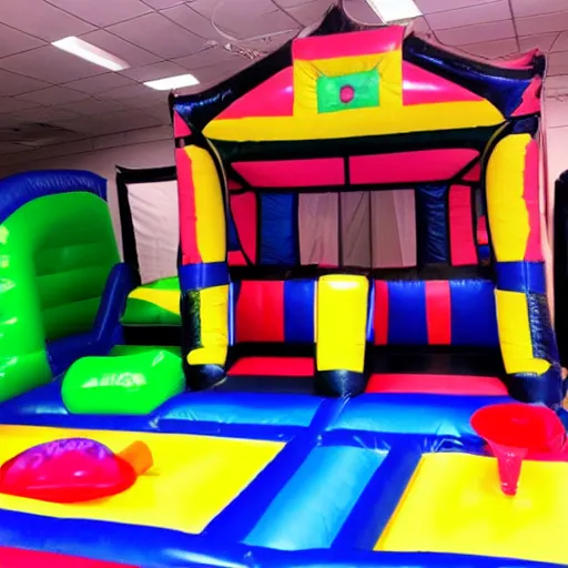 Prompt: a darkly lit indoor playplace bounce house photo taken with a deposable camera, limital space