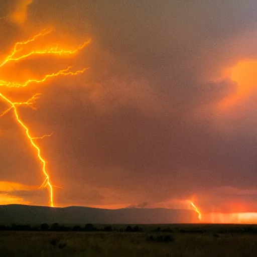 Image similar to enormous creature in the fiery plains during a thunderstorm, seen from a distance, rtx on