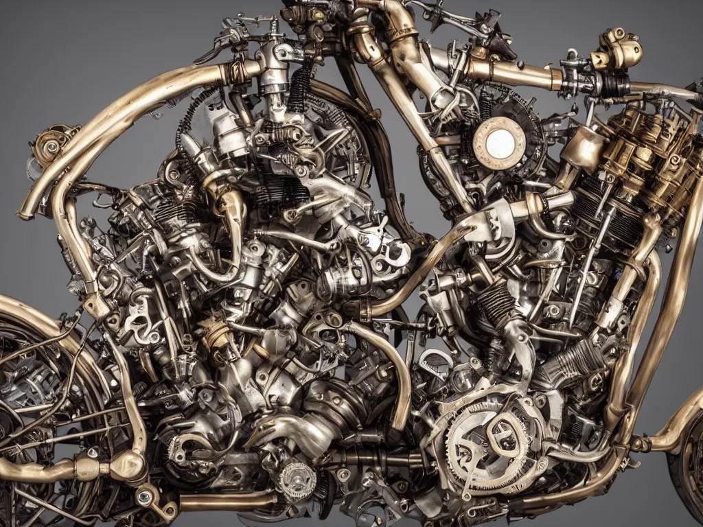 Image similar to a steampunk superbike with intricate engine mechanical parts, product photography,