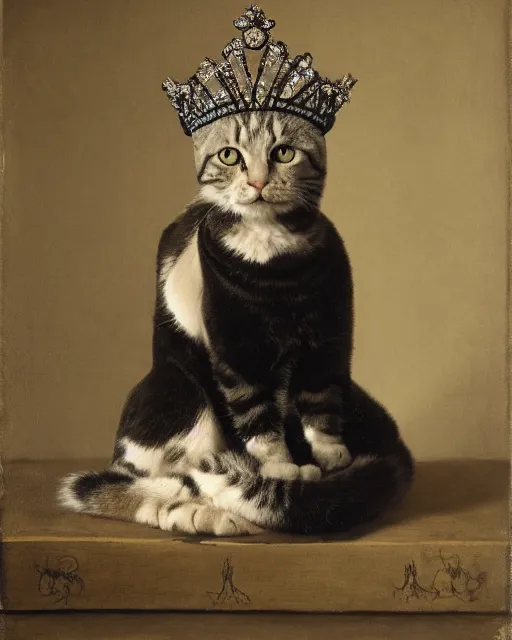 Image similar to portrait of a cat wearing a tiara, in the style of the dutch masters and gregory crewdson, dark and moody