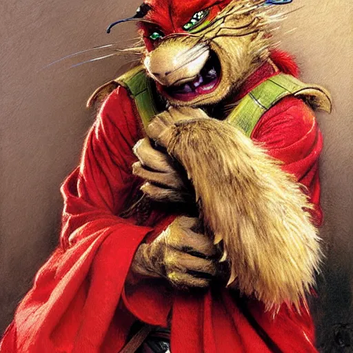 Prompt: a portrait of a furry splinter from tmnt wearing a red kimono, hairy, furry body, furry arms, feet, tail. highly detailed painting by gaston bussiere, craig mullins, j. c. leyendecker, furry
