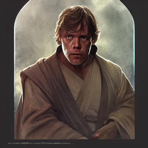 Image similar to luke skywalker grand master jedi from legends books, little eyes, jedi from star wars, intricate detailed face, artgerm, greg rutkowski, alphonse mucha