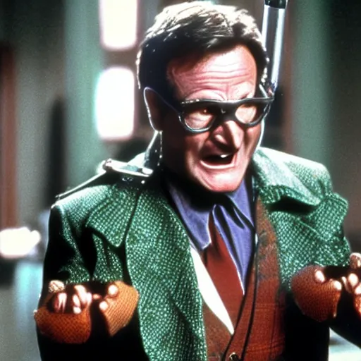 Prompt: award winning awe inspiring movie still of Robin Williams playing The Riddler