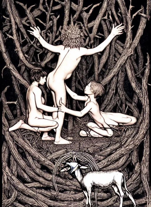 Image similar to pagan boy and girl performing an occult satanic ritual on a goat in a deep thorns bones bloody forest, by Austin Osman Spare and Takato Yamamoto, high resolution, rendered in octane 3d