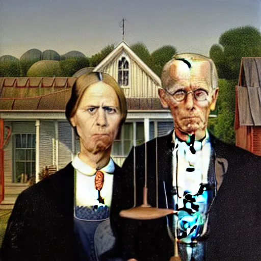 Image similar to biden and trump in famous american gothic painting, oil on canvas, hd, trending on artstation, detailed